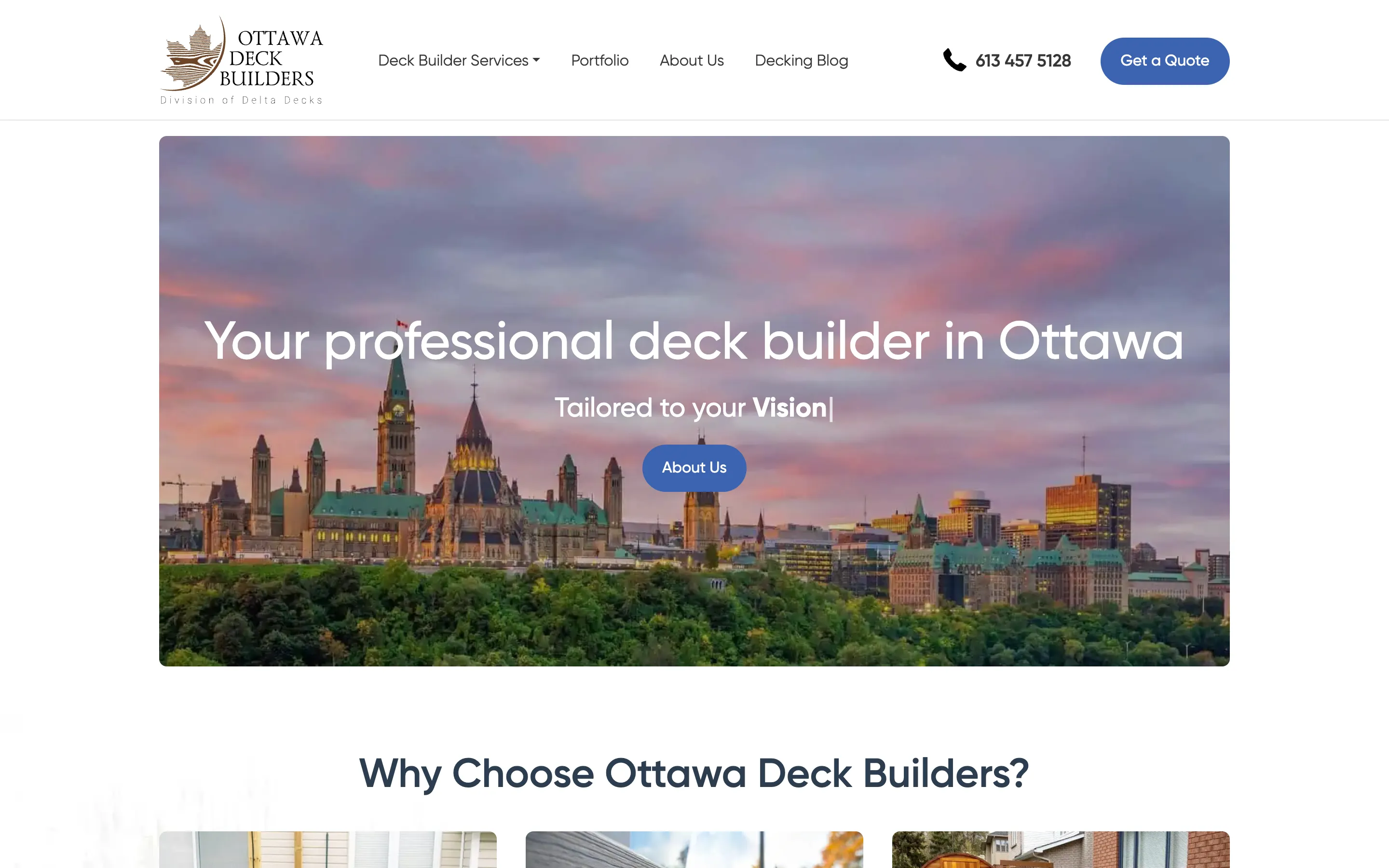 Old WordPress homepage of Ottawa Deck Builders, with a stock Parliament Hill photo behind the headline