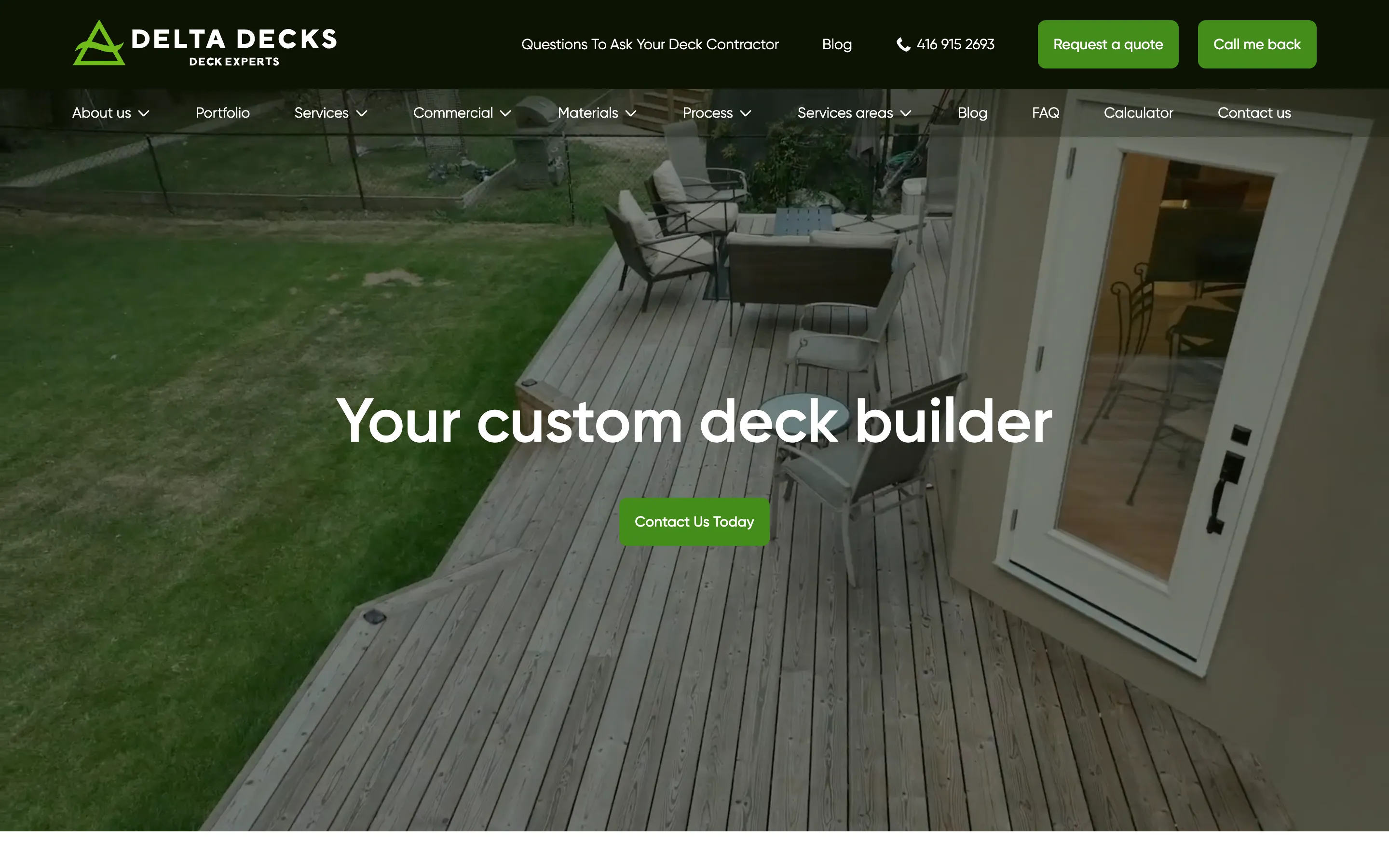The old Delta Decks homepage: a generic headline and one green button over a photograph of a weathered deck