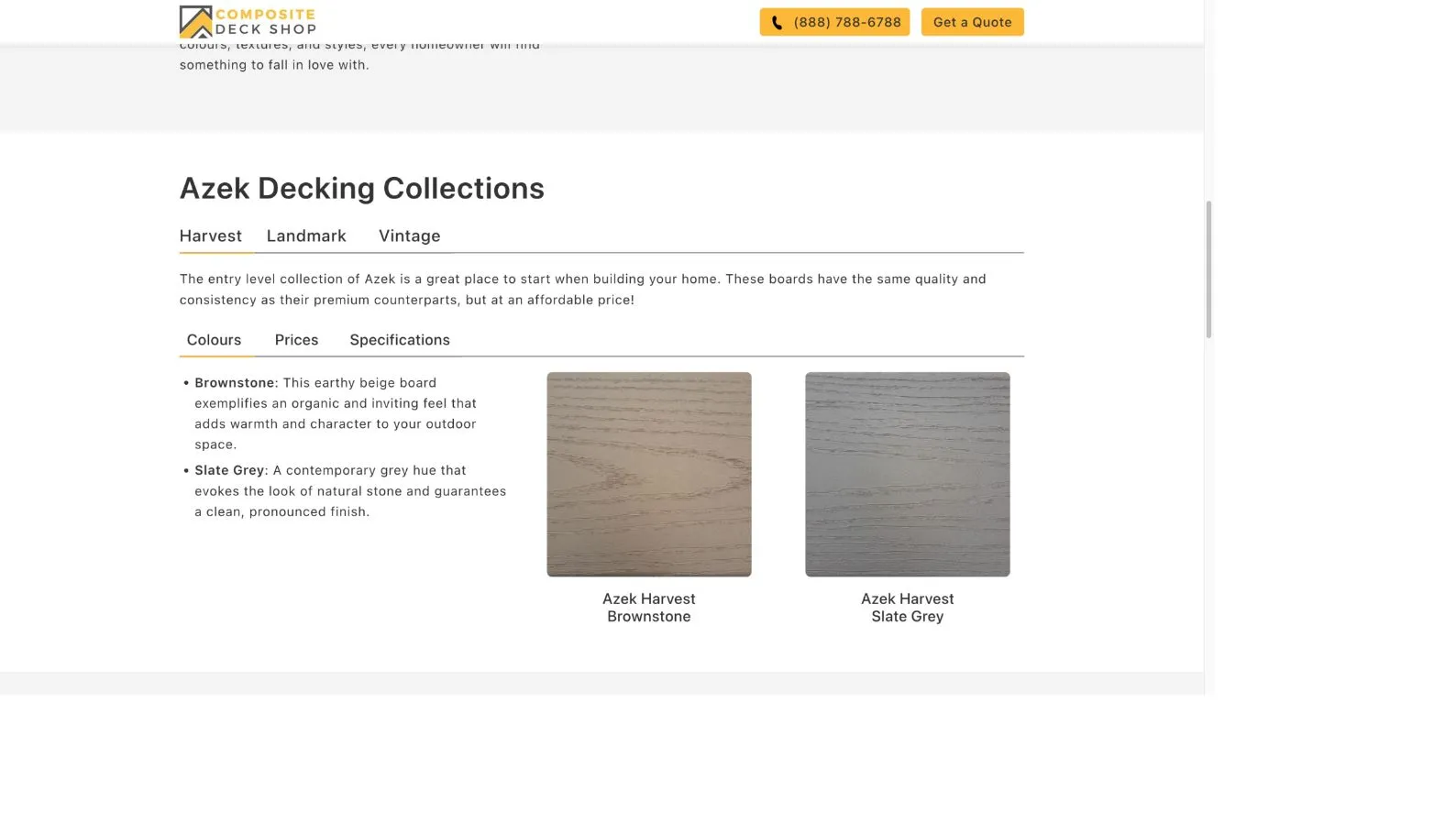 Old Azek brand page with collection tabs and colour swatches, no prices or filters