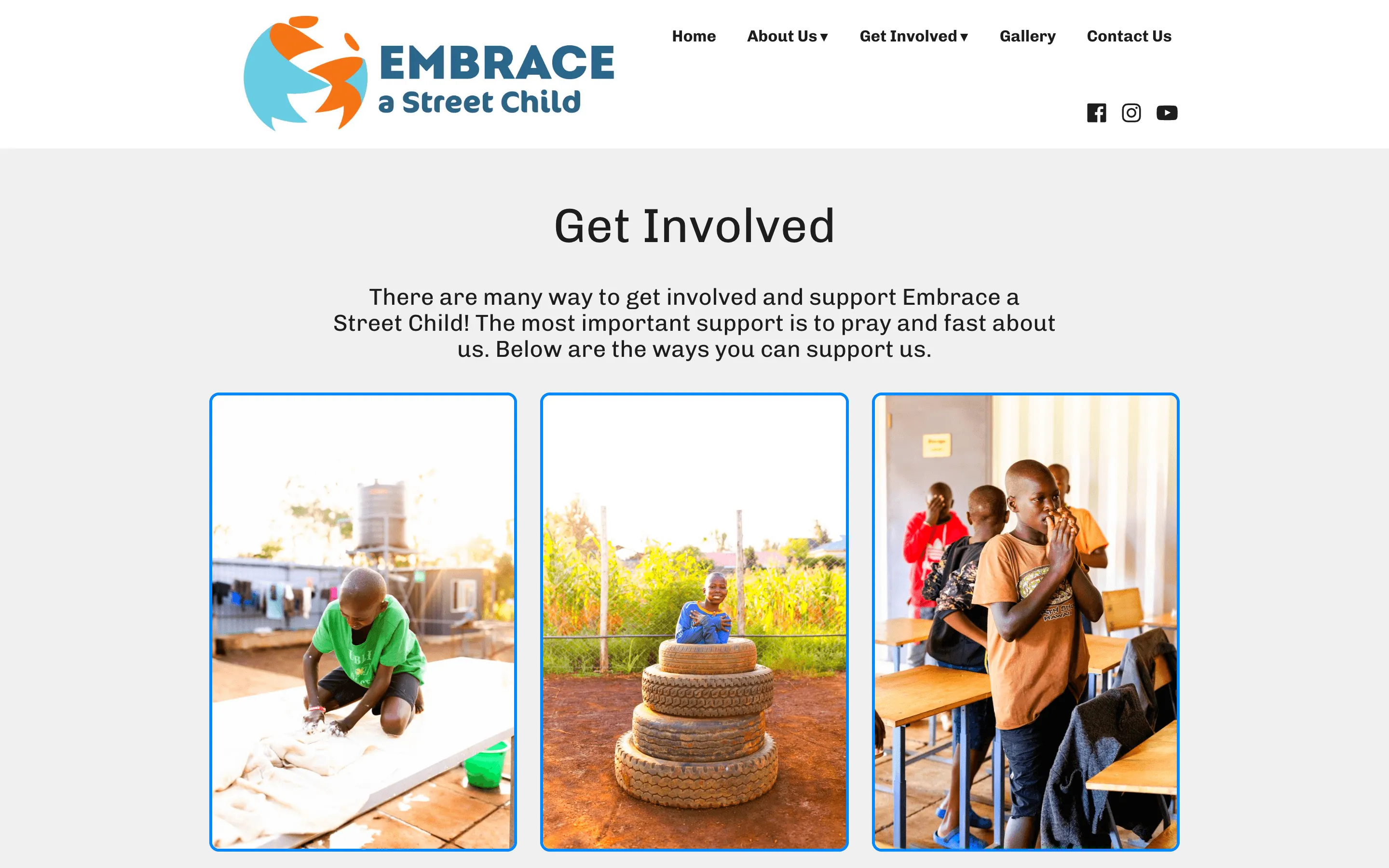 The old Get Involved page: a heading, one paragraph and three photographs of boys at the centre