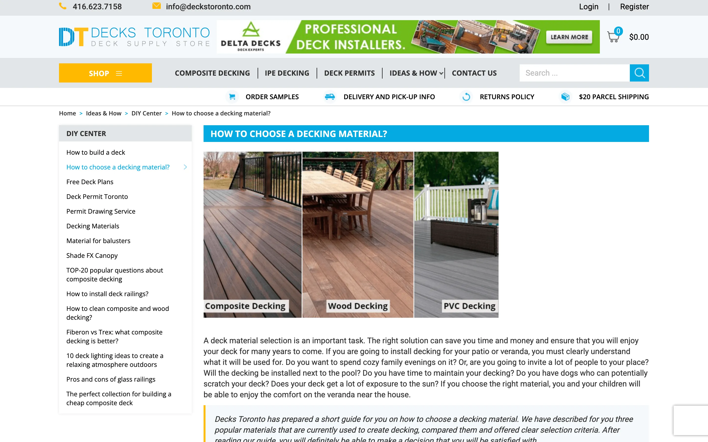 The old material selection article with a large advertising banner, stacked navigation bars, a long sidebar menu and dense article text