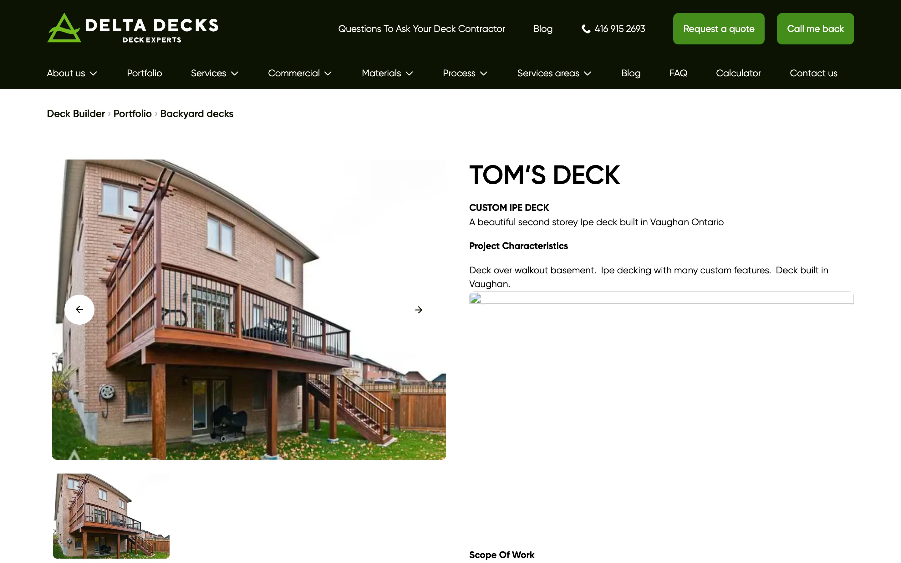 The old project page: the heading “TOM'S DECK” beside a slideshow, with two sentences of description under “Project Characteristics”