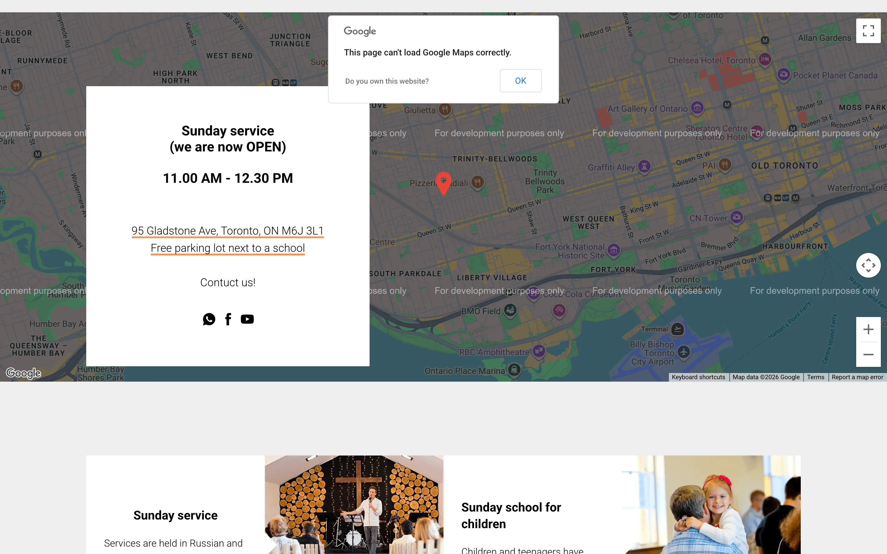 The new site's service panel: Sunday service time, the address and free parking