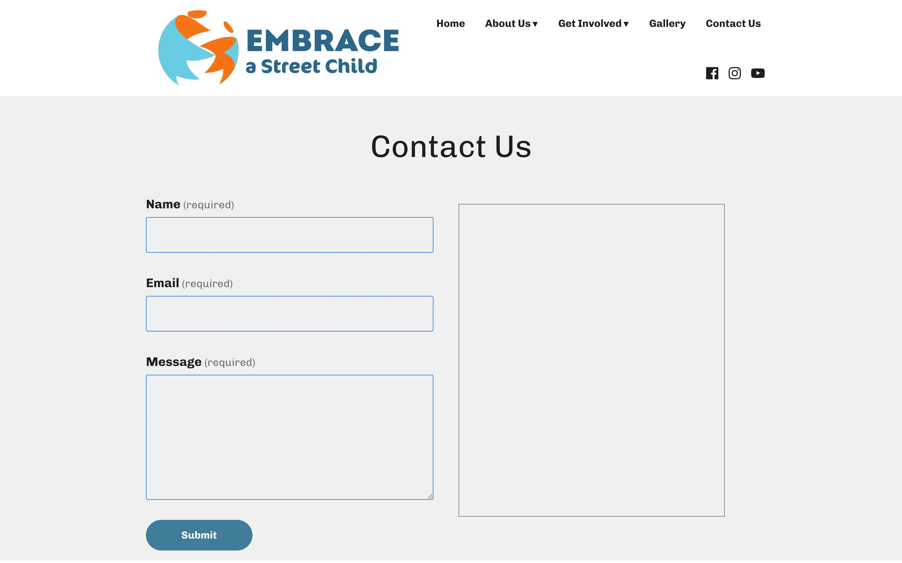 The old Contact Us page: name, email and message fields beside an empty bordered box