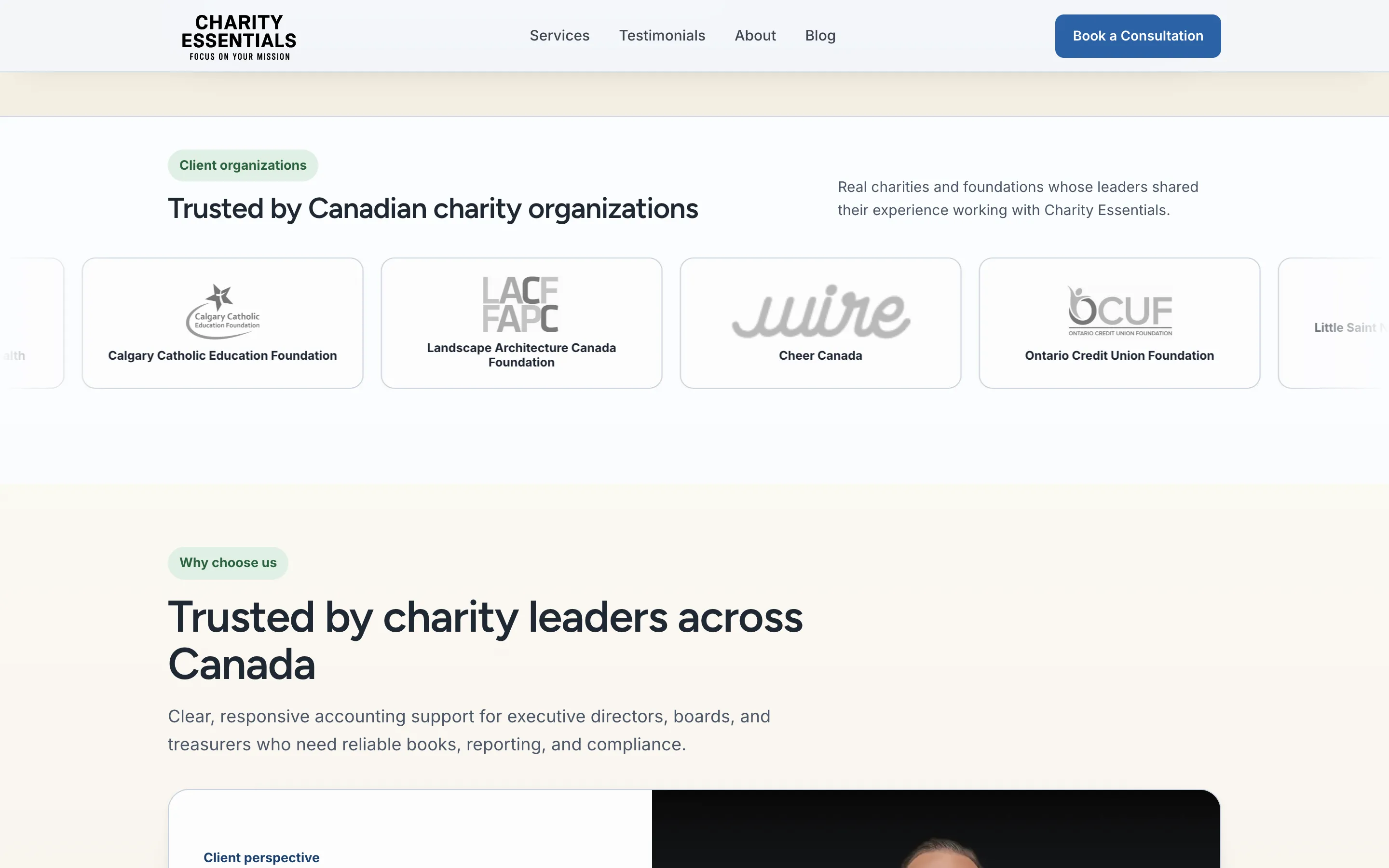 Client organization logos on the new Charity Essentials homepage