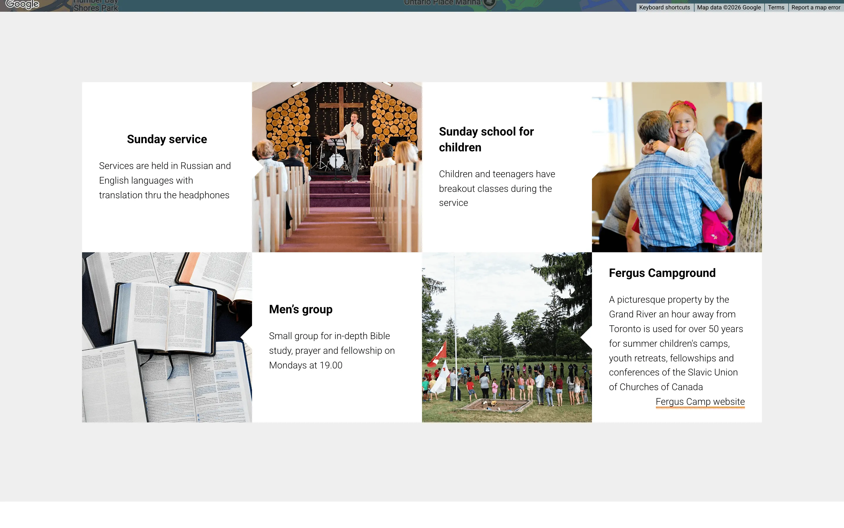 The new services section: photo cards for the Sunday service, Sunday school, the men's group and the Fergus campground
