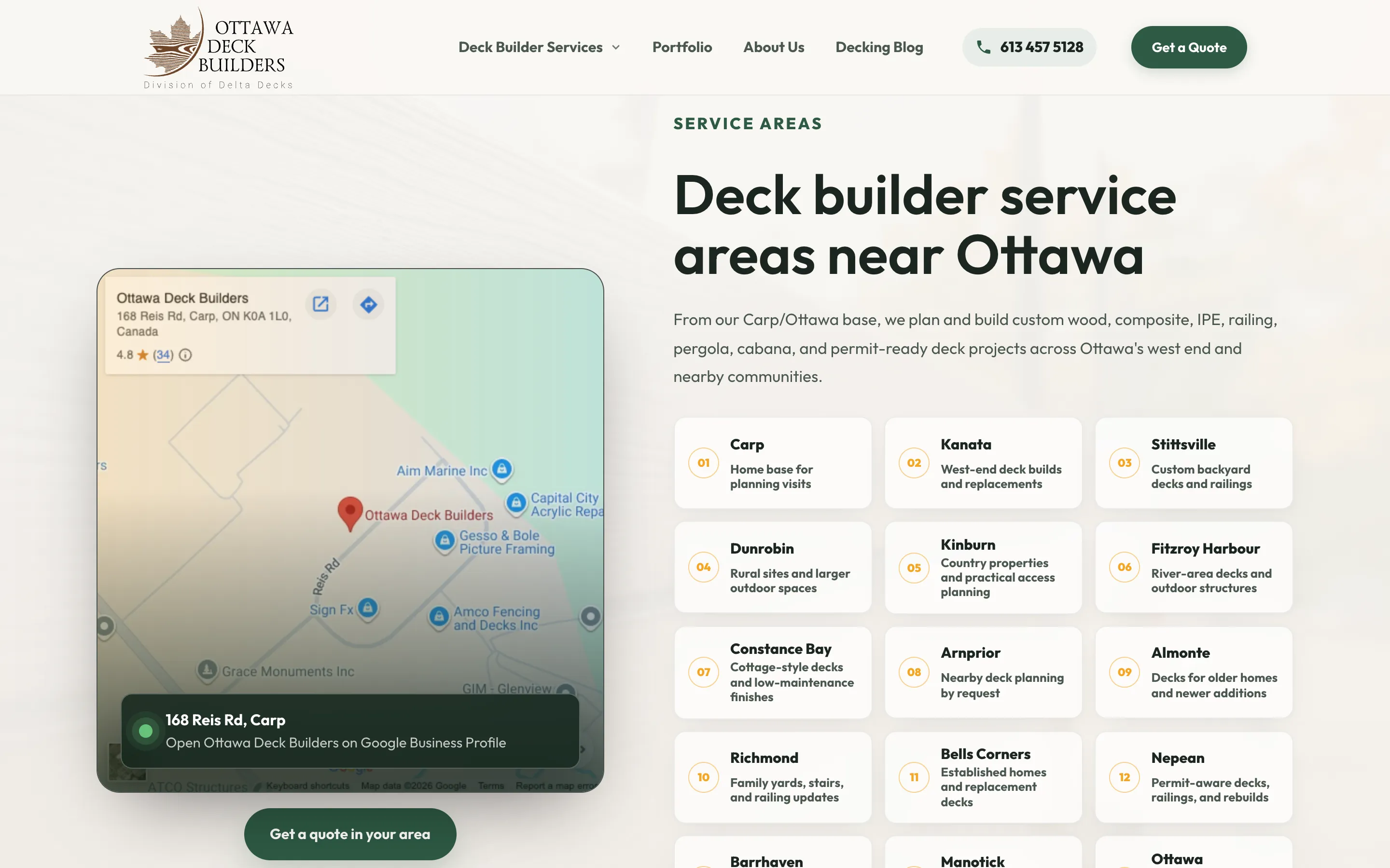 New service areas section with a Google map and fifteen named communities around Ottawa