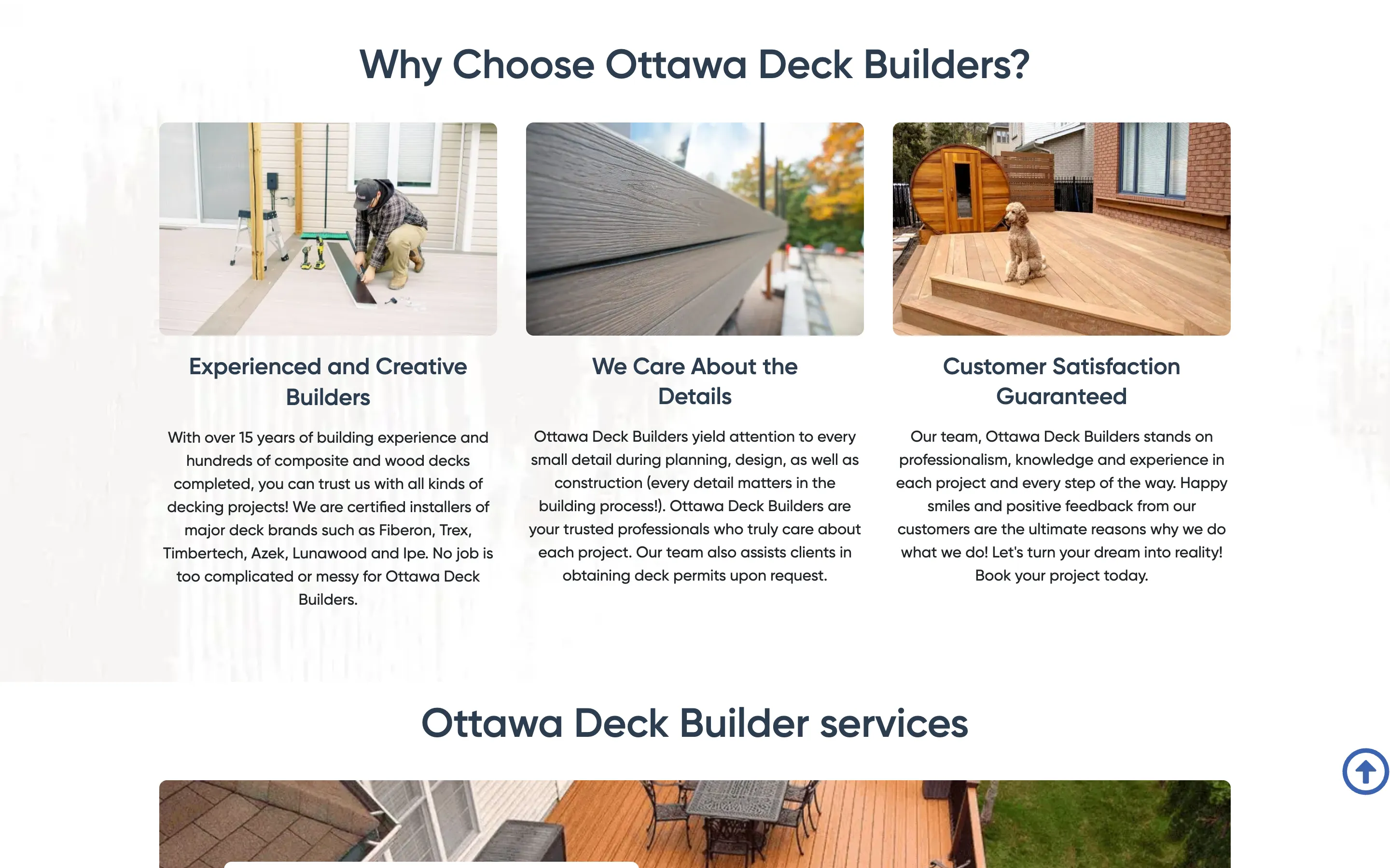 The Ottawa Deck Builders "why choose us" section before the rebuild