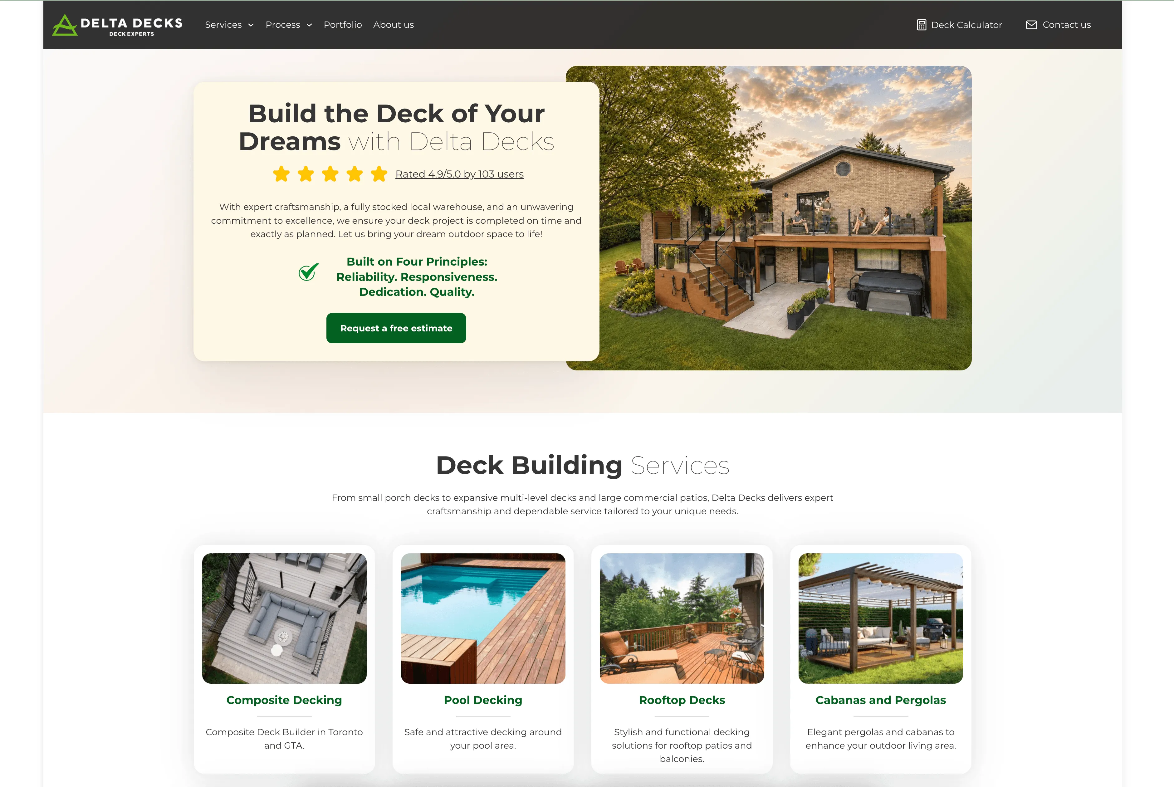 The rebuilt Delta Decks homepage: a project photograph, customer reviews, and a clear free-estimate button