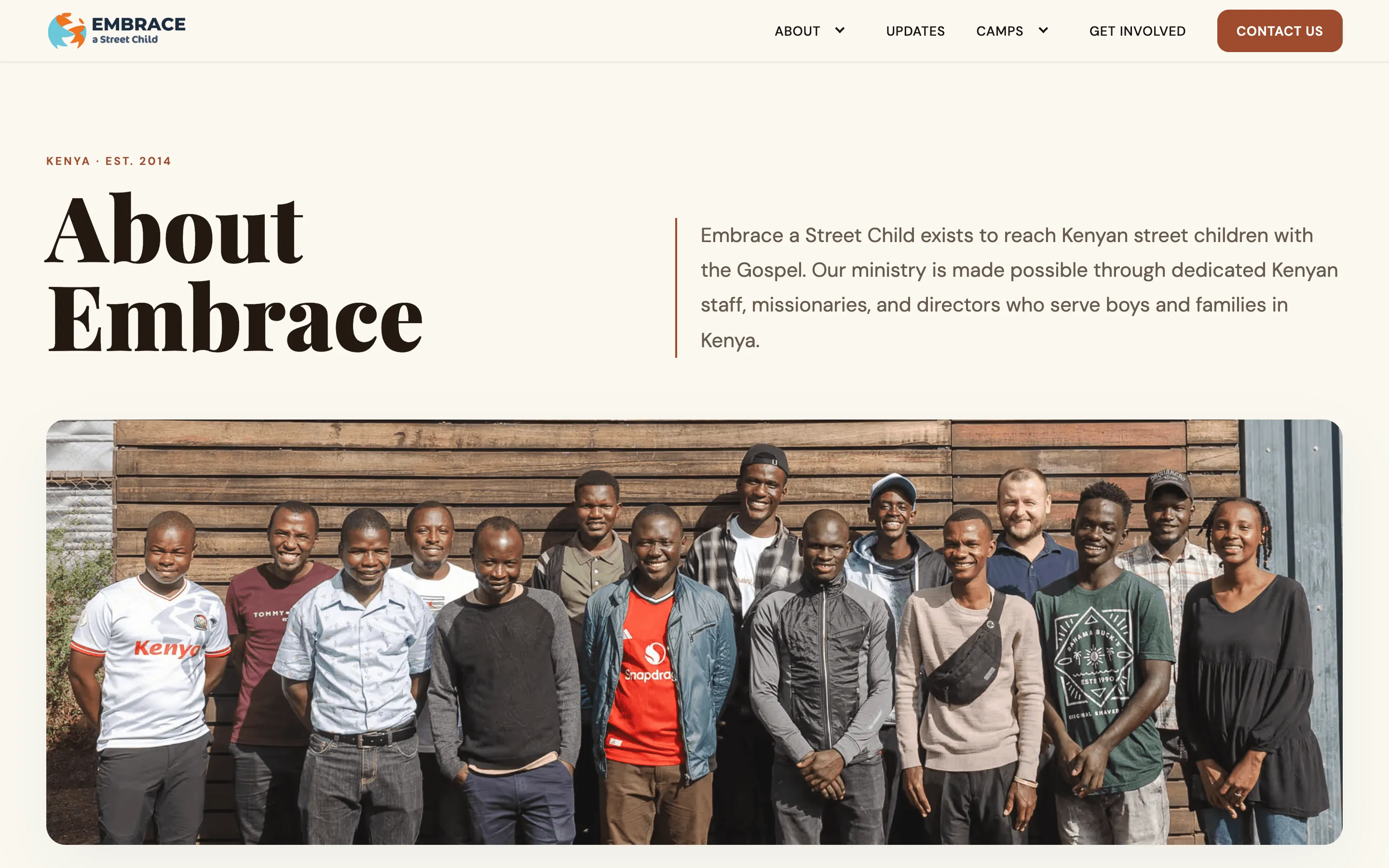 The new About Embrace page: the ministry’s story from Kitale in 2014 to the Nairobi centre, with links to the team, the centre and the programmes