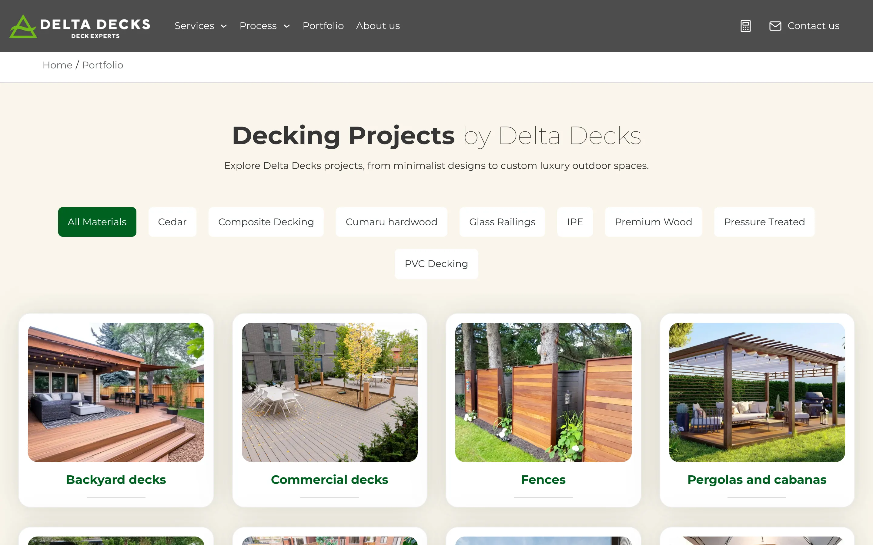 The new portfolio page, filterable by material and by project type