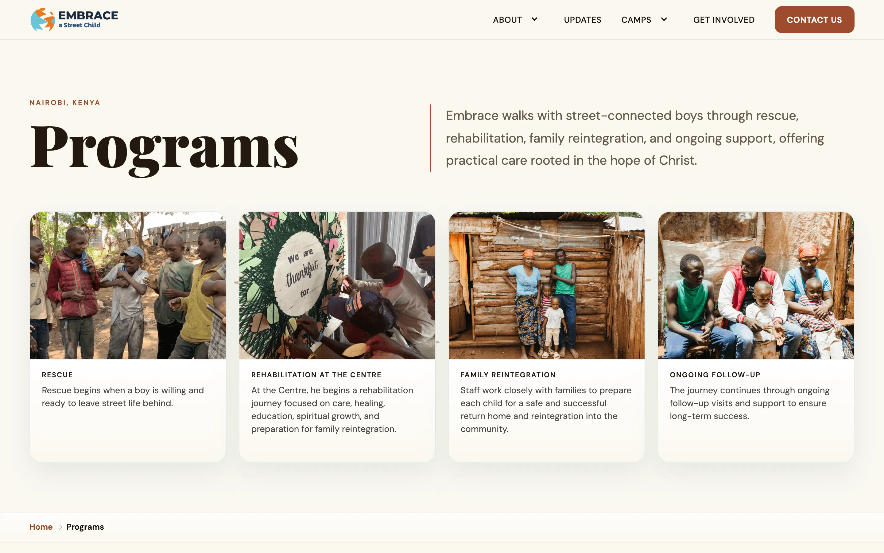 The new programmes page, showing the rescue, rehabilitate, reintegrate and redeem pathway