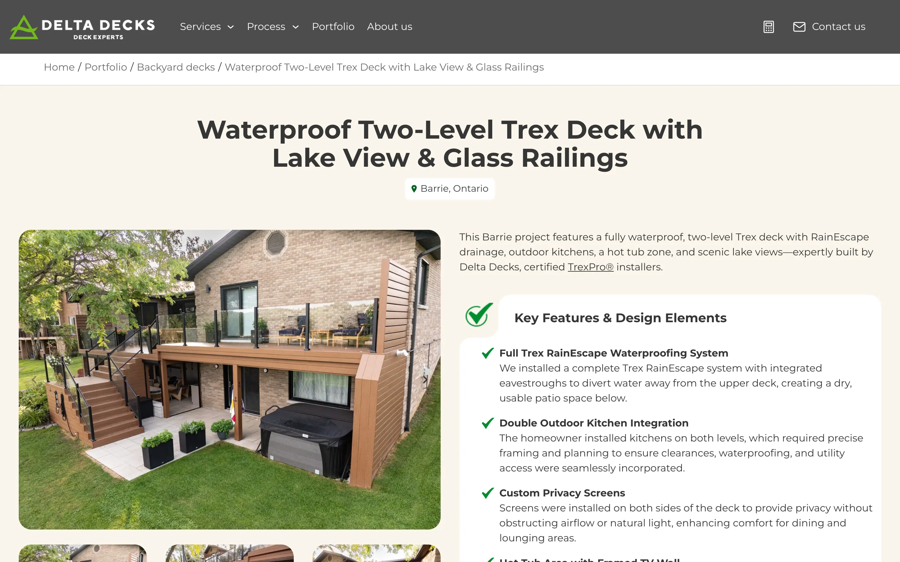 The new project page for a waterproof two-level Trex deck in Barrie: key features, materials used, duration, location, challenges and solutions, and the project outcome