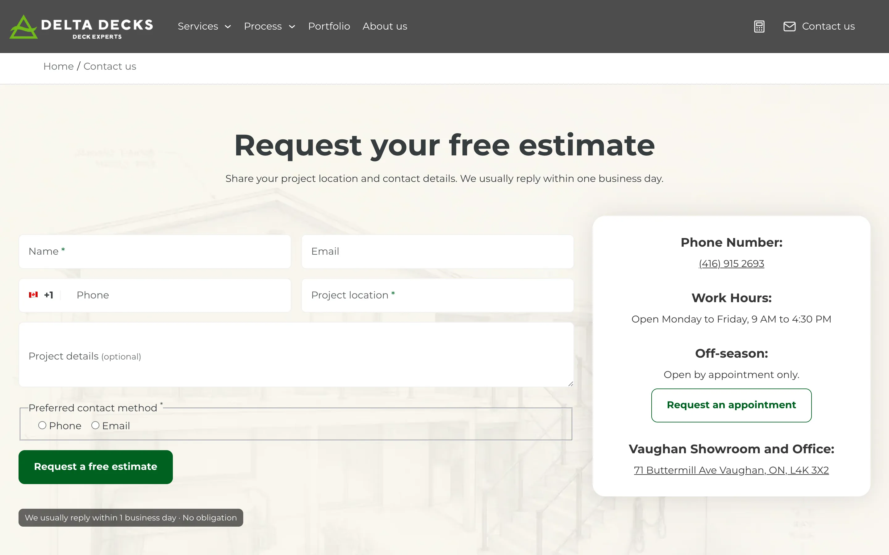 The new Contact page: the free-estimate request form with a preferred contact method, above the showroom address and hours