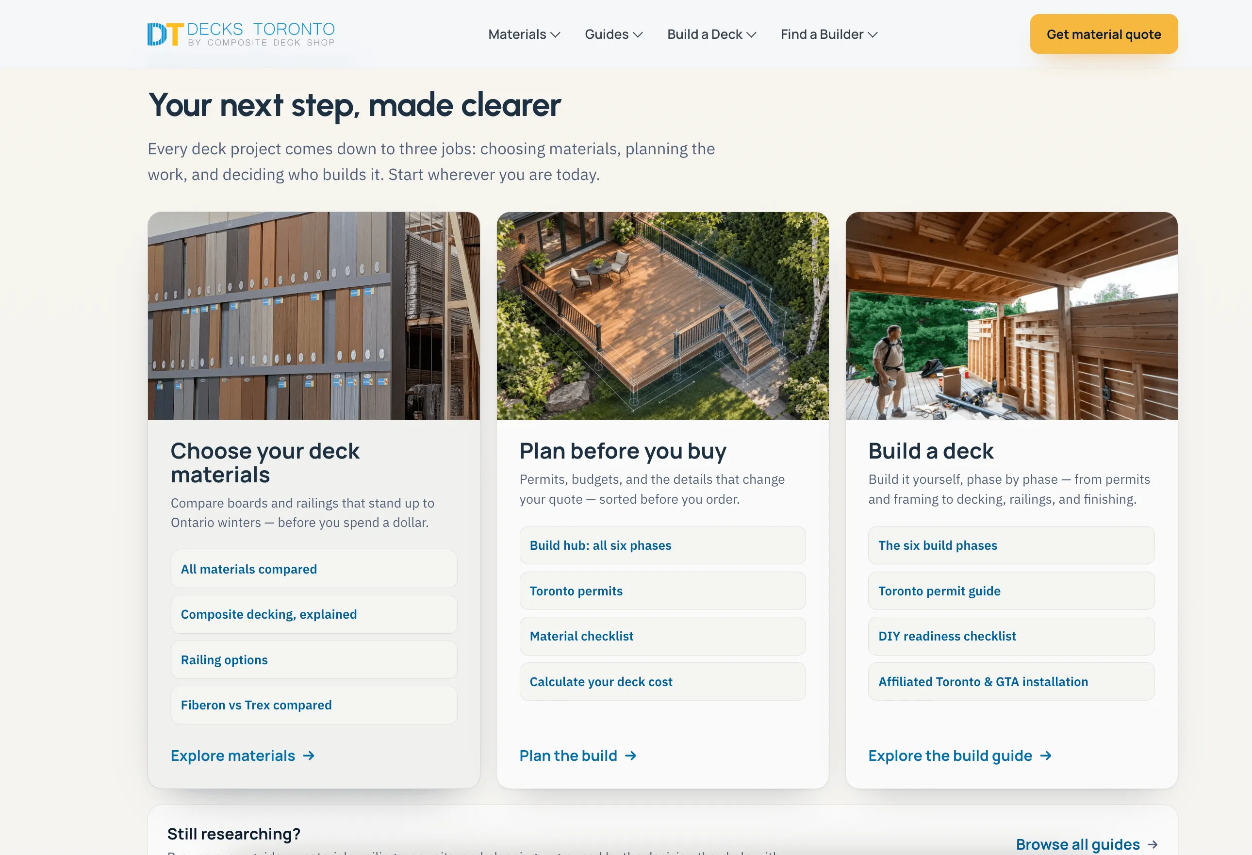 DecksToronto homepage cards for choosing deck materials, planning before buying and building a deck