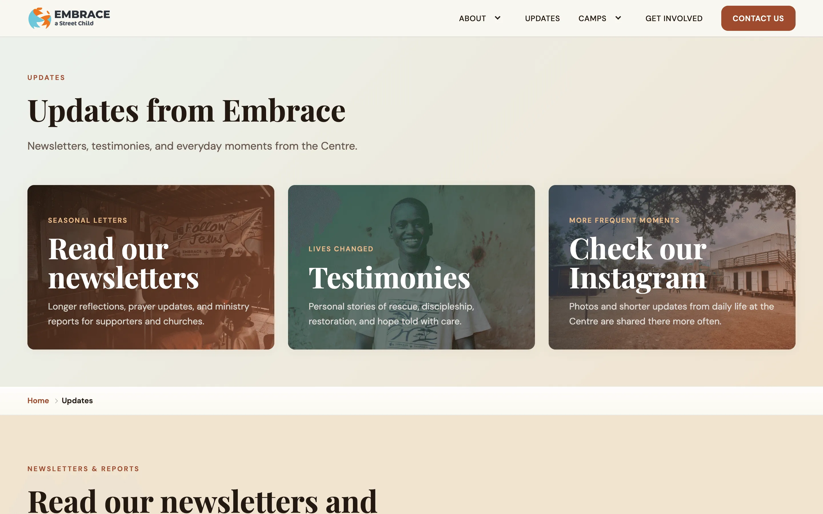 The new Updates page: three cards for newsletters, testimonies and Instagram, above a dated list of newsletters and reports