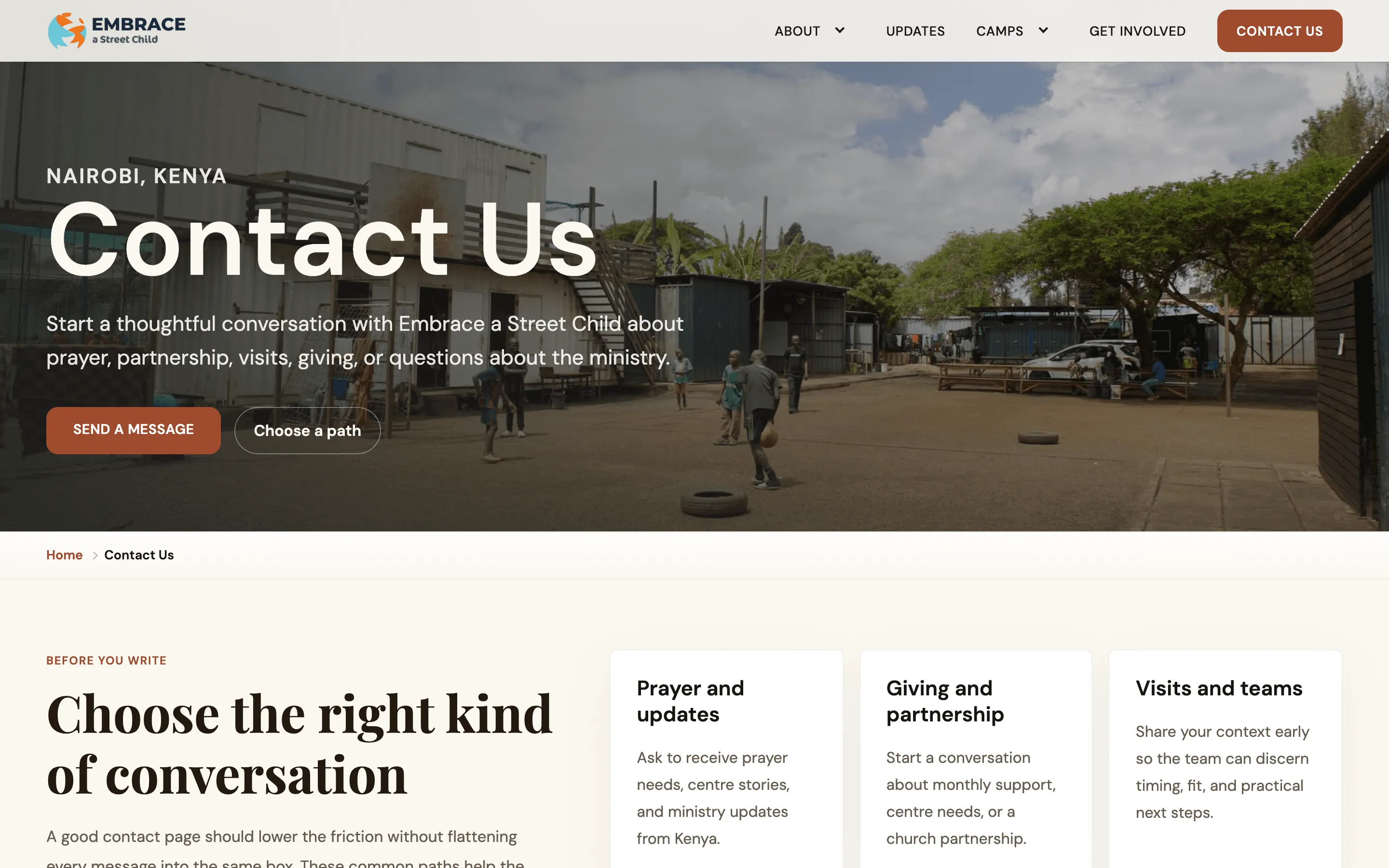 The new Contact Us page: three suggested kinds of conversation — prayer, giving and partnership, visits and teams — above the message form