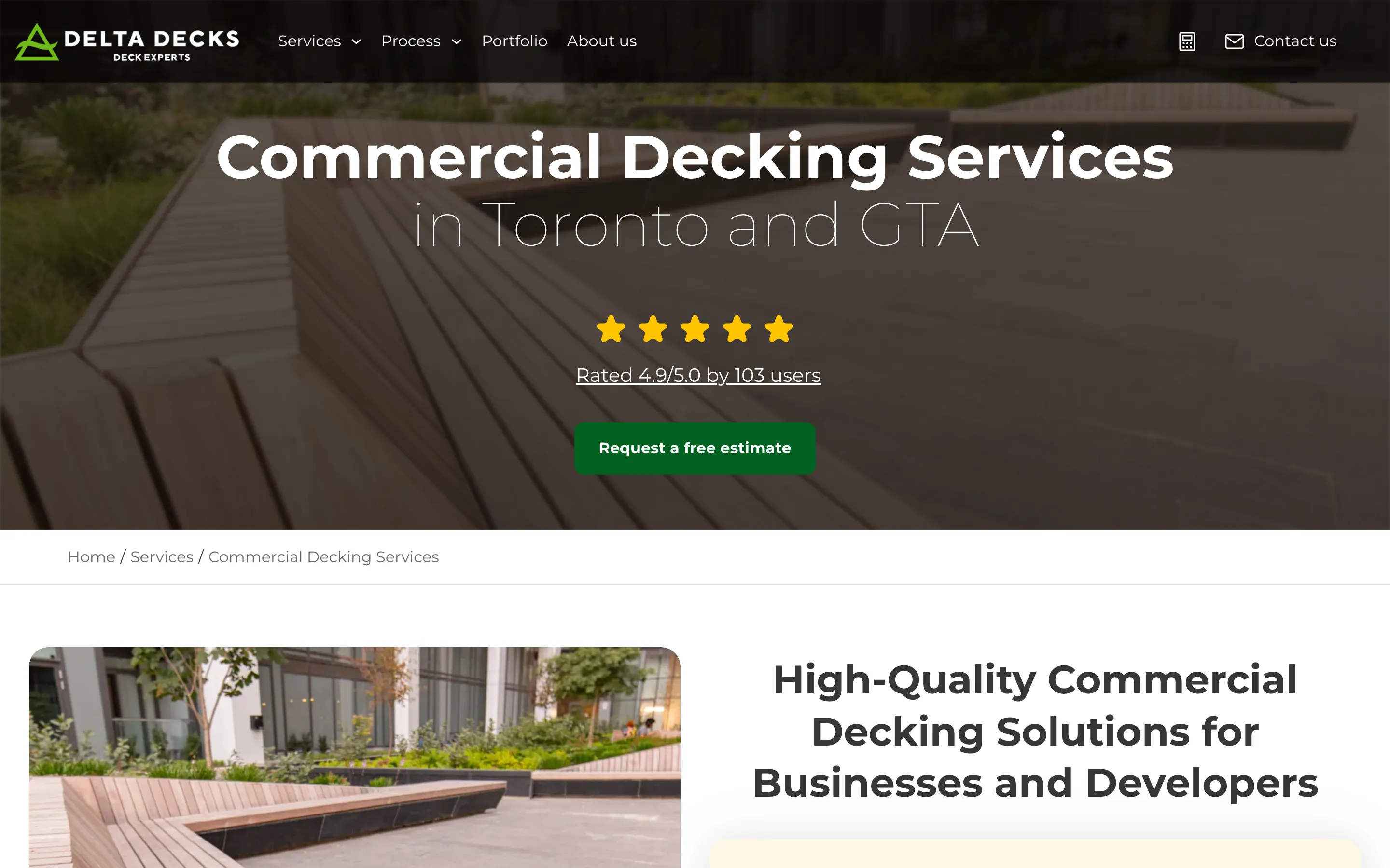 The new commercial decking page, naming the builders and developers Delta Decks works with