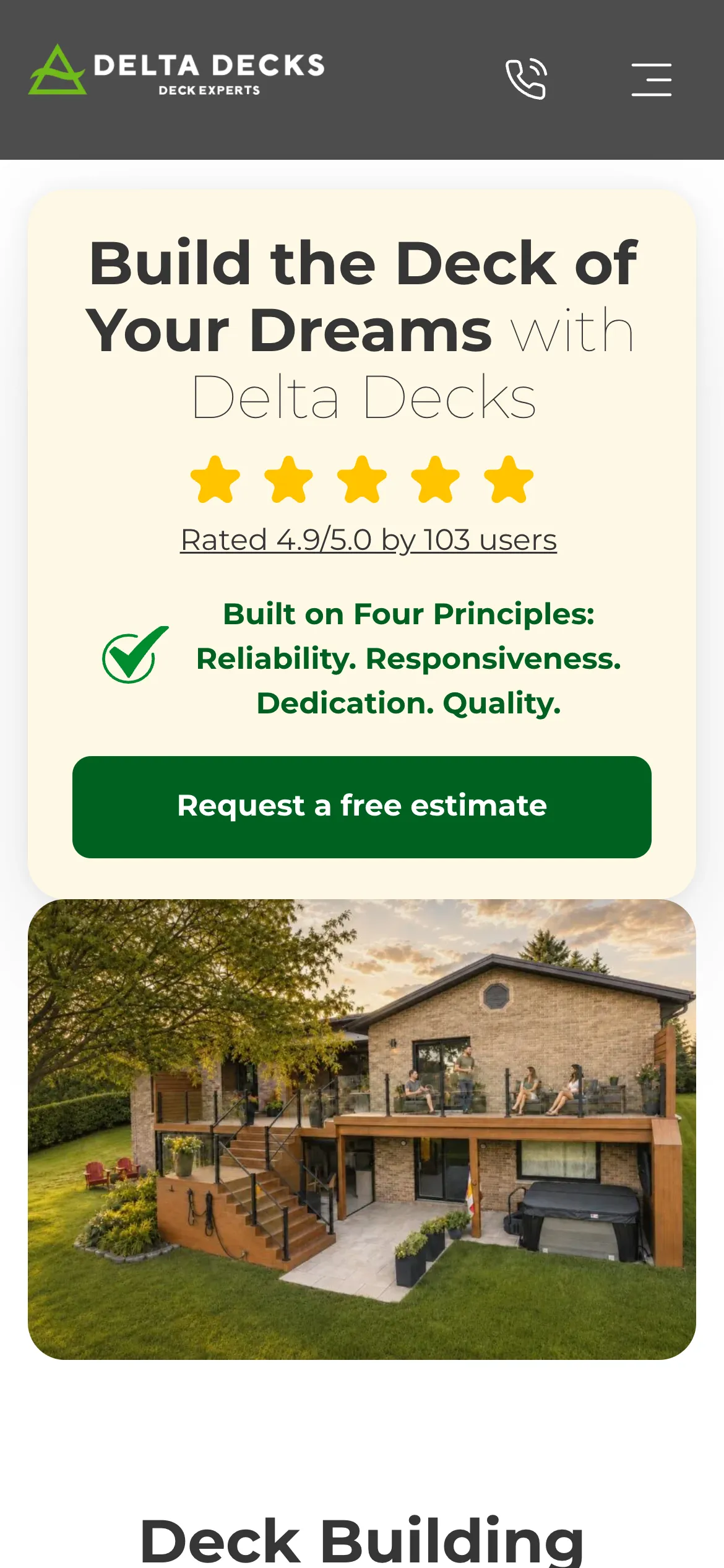 The new Delta Decks homepage on a phone